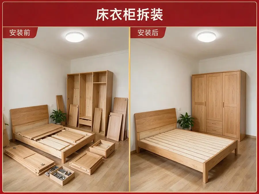 床和衣柜拆装前后服务场景示意