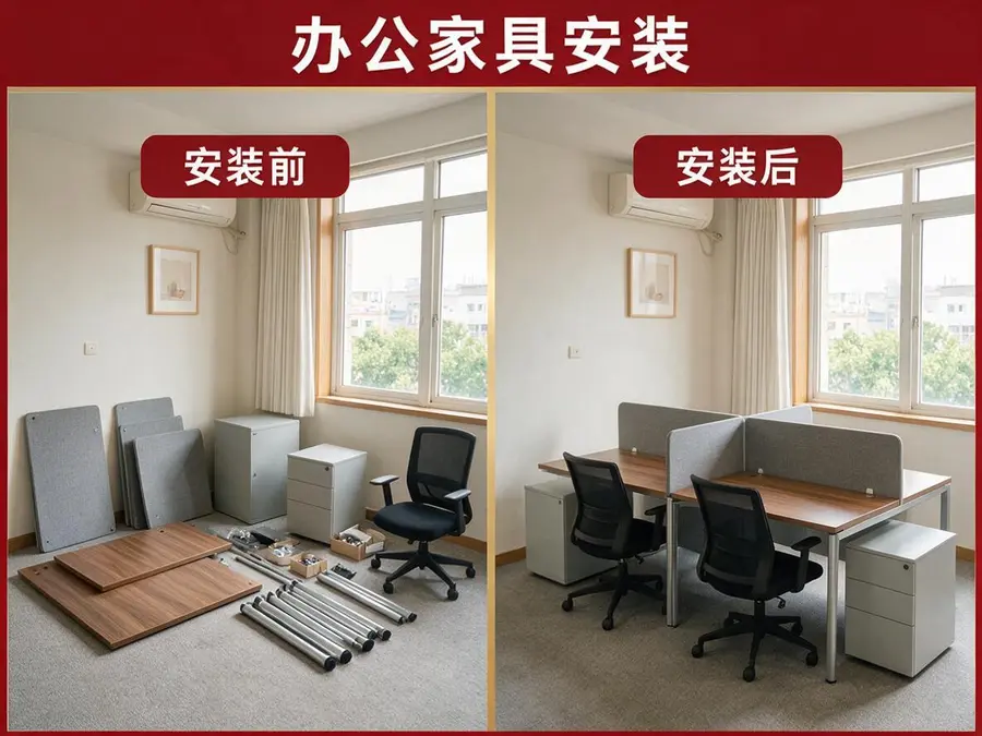 办公桌椅安装前与安装后服务场景示意