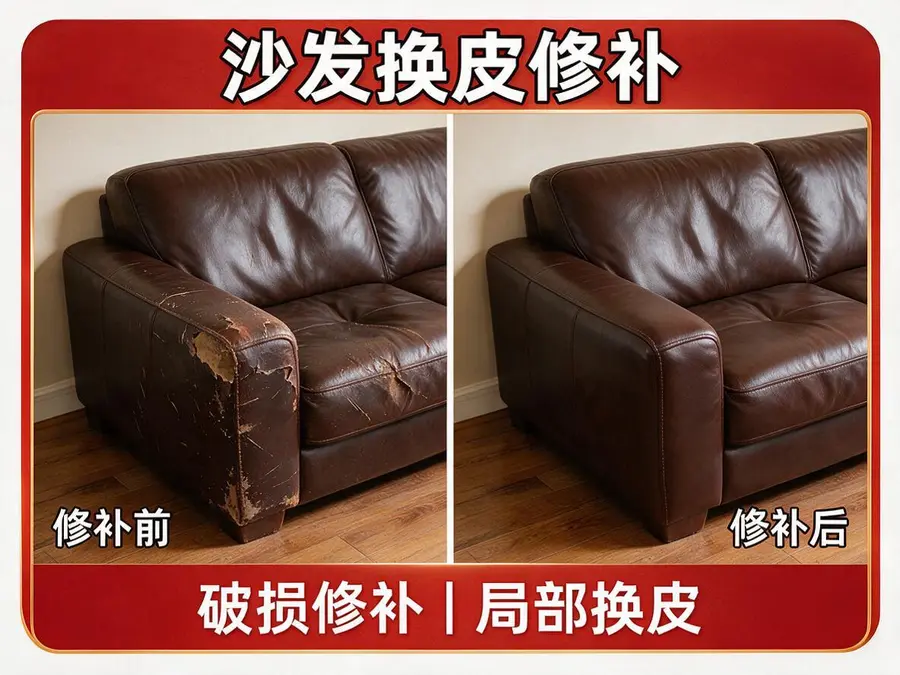 皮沙发破损修补前后服务场景示意