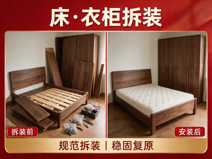 实木床衣柜拆装前后服务场景示意
