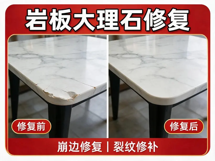 岩板大理石崩边修复前后服务场景示意